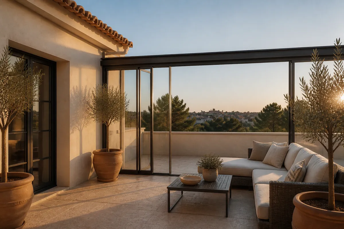 Cerramiento de cristal corredero en una terraza moderna
